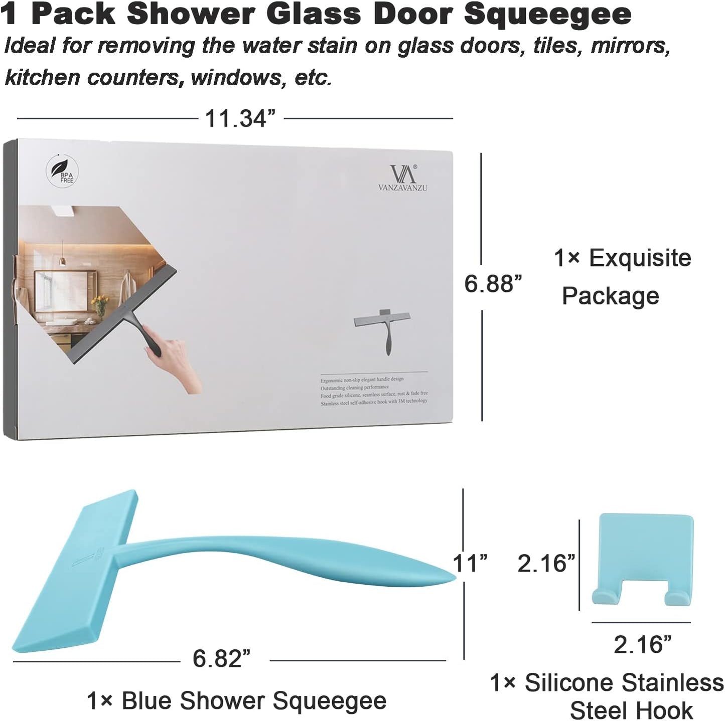 Squeegee for Shower Glass Door, 11-Inch Shower Squeegee for Glass Doors, Bathroom Silicone Squeegees Wiper for Shower with Non-Slip Handle, No-Drilling Silicone Hanging Hook, for Tiles, Mirror(White)