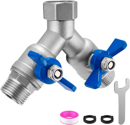 Garden Hose Splitter 2 Way, Heavy Duty Brass Hose Splitter, 3/4" GHT Hose Y Splitter with Shutoff, Full Flow Outdoor Faucet Splitter, Water Hose Y Valve Tap Adapter