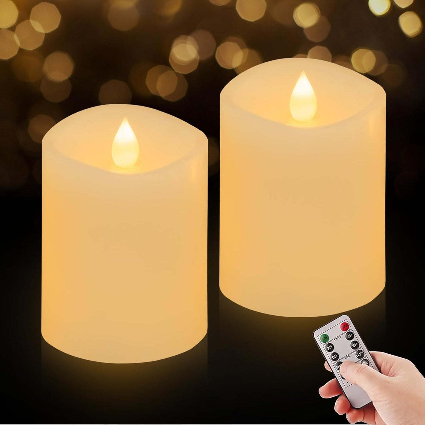 3x3 Flickering Flameless Candles Set of 2, 2AA Battery Life 600 Hours Battery Candles Flickering with Timer,3 inch Flameless Candles with Remote for Indoor/Outdoor, Ivory