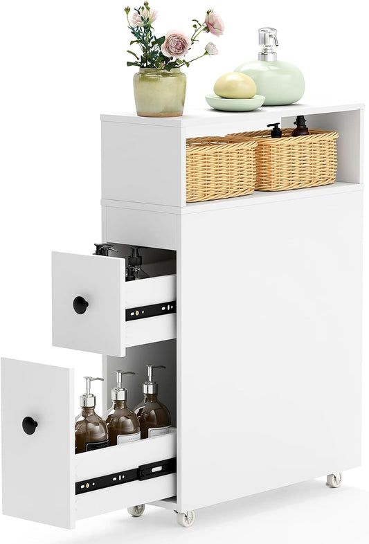 Tangkula Slim Bathroom Storage Cabinet, Movable Narrow Toilet Side Cabinet w/2 Slide Out Drawers, 2 Rattan Baskets & Shelves, Toilet Paper Holder on Wheels for Small Spaces