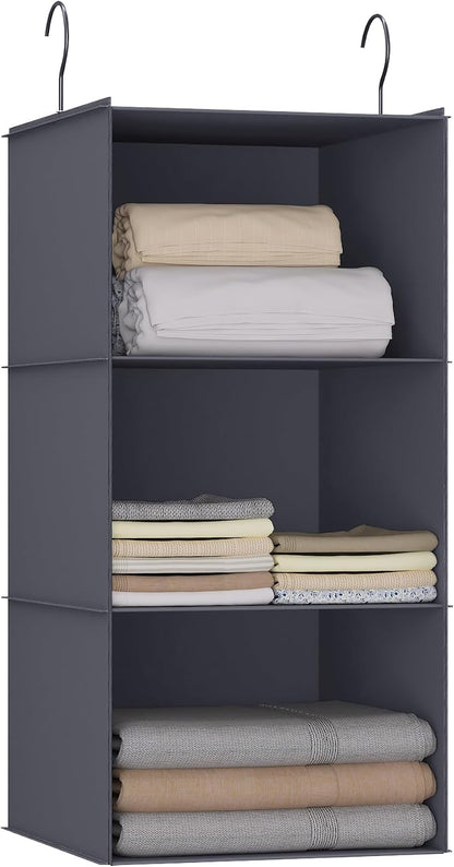 Hanging Closet Organizer 3-Shelf, Oxford Fabric Wardrobe Storage, Gray | Easy-mount foldable design holds clothes, handbags, shoes & accessories; washable Oxford fabric, sturdy and space-saving.
