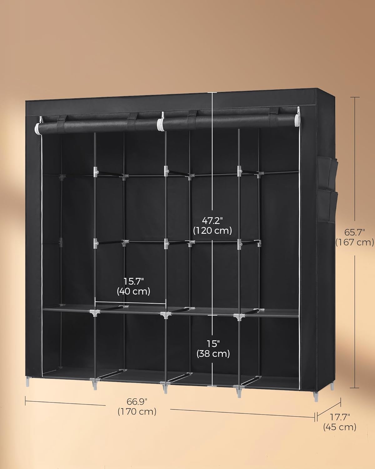 SONGMICS Portable Closet, Wardrobe Closet Organizer with Cover, 3 Hanging Rods and Shelves, 4 Side Pockets, 51.2 x 17.7 x 65.7 Inches, Large Capacity for Bedroom, Living Room, Ink Black URYG092B02