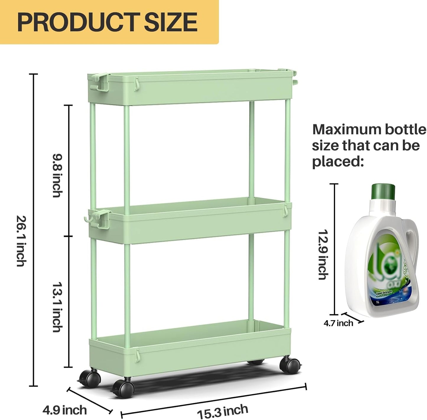 SPACEKEEPER Slim Rolling Storage Cart, 3 Tier Bathroom Storage Organizer Laundry Room Utility Cart Mobile Shelving Unit, Multi-Purpose for Kitchen Office Bathroom Laundry Narrow Places, Black