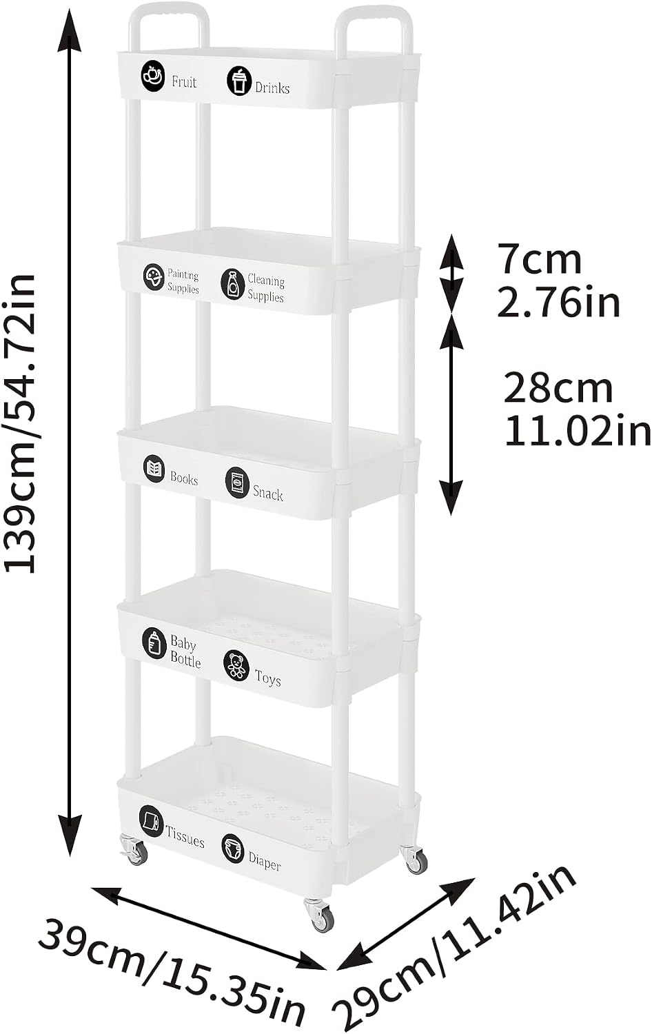 Laiensia 3-Tier Rolling Cart with Wheels,Multifunction Utility Storage Carts, Kitchen Storage Organizer,Mobile Shelving Unit for Bathroom,Laundry,with Classified Stickers,White