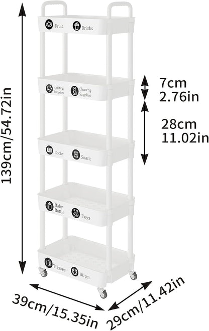 Laiensia 3-Tier Rolling Cart with Wheels,Multifunction Utility Storage Carts, Kitchen Storage Organizer,Mobile Shelving Unit for Bathroom,Laundry,with Classified Stickers,White