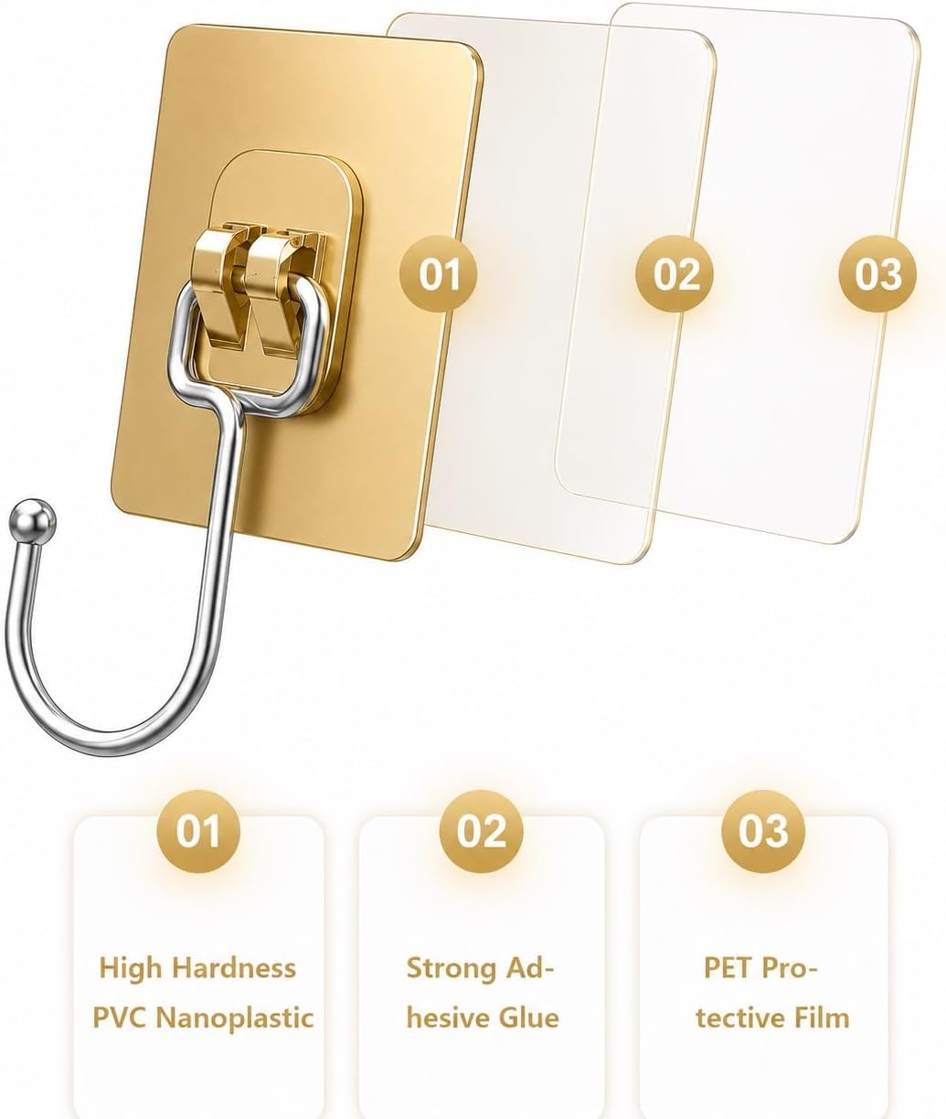 Luxe Hooks, Heavy Duty Wall Hooks, Waterproof Self Adhesive Hooks for Bathroom, Kitchen, Shower & Office, No Drill Wall Hooks for Towels, 10 Counts. (10, Transparent)