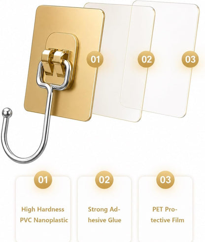 Luxe Hooks, Heavy Duty Wall Hooks, Waterproof Self Adhesive Hooks for Bathroom, Kitchen, Shower & Office, No Drill Wall Hooks for Towels, 10 Counts. (10, Transparent)