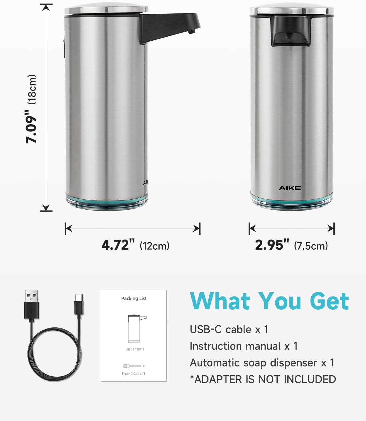 AIKE SensePro Automatic Soap Dispenser Type-C Rechargable, Stainless Matte Black Coating 12.8 fl.oz. for Liquid Soap
