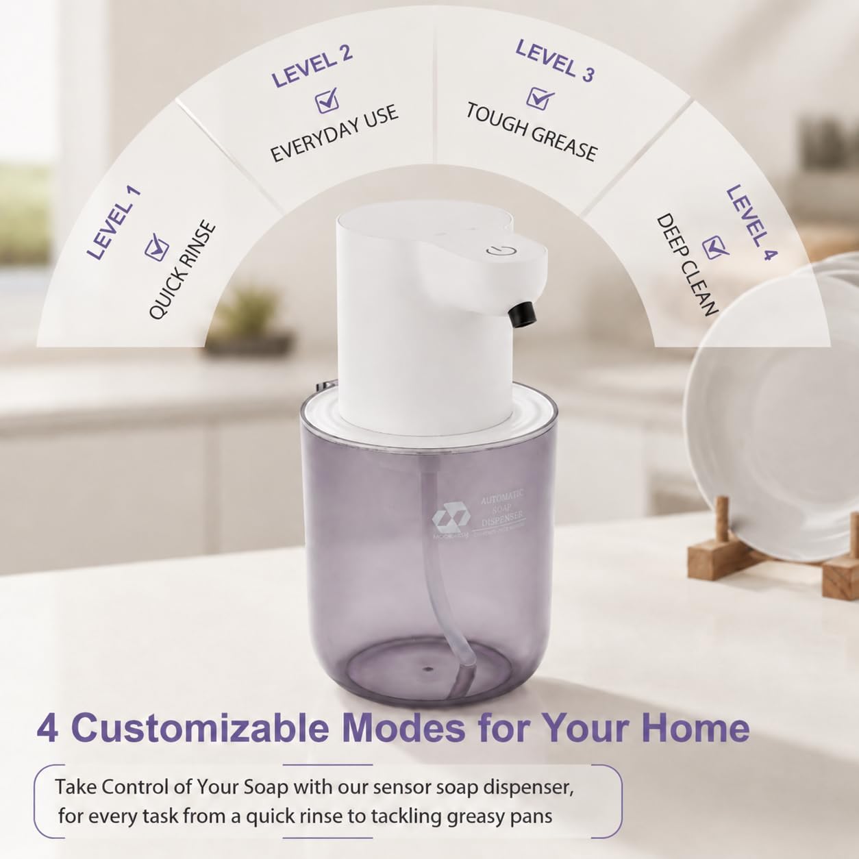 Automatic Foaming Soap Dispenser, 4-Level Touchless Hand Soap Dispenser, USB-C Rechargeable, Wall Mount or Countertop, 13.5oz/400ml, for Bathroom, Kitchen, Office, Hotel, Black