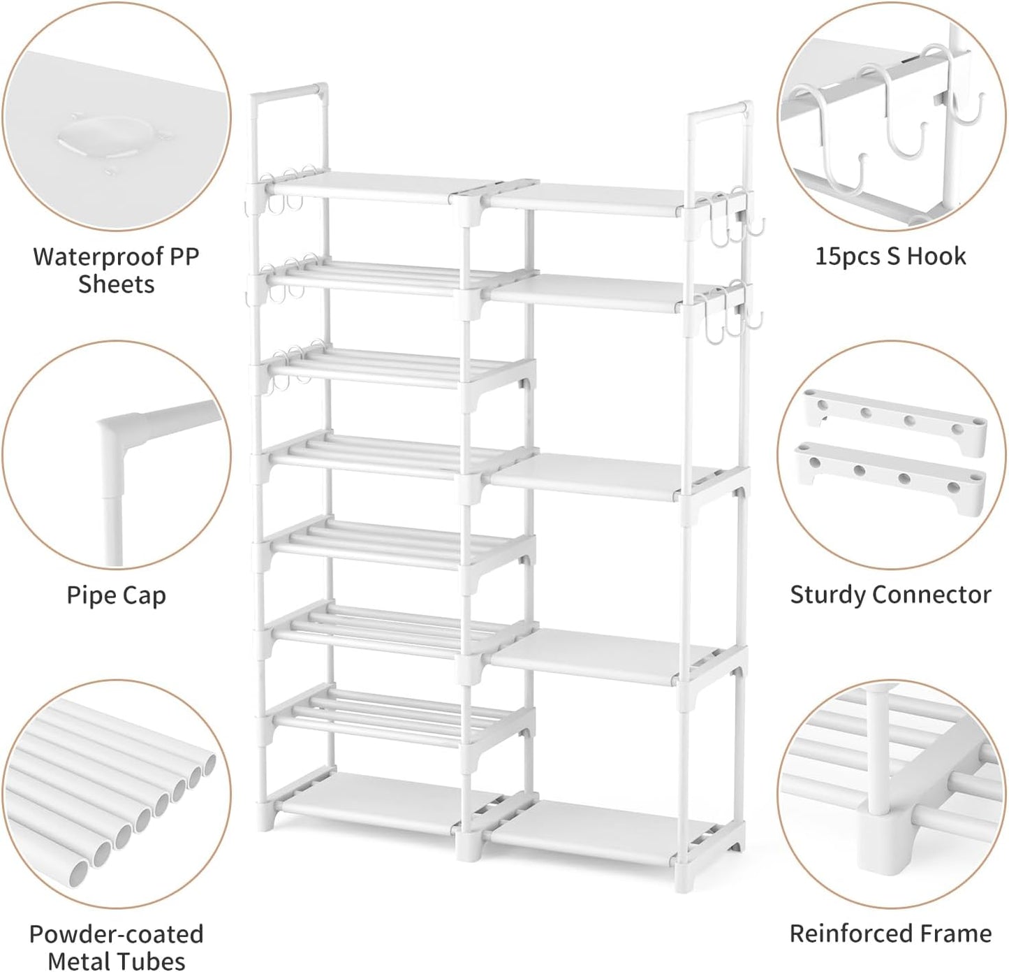 ROJASOP Shoe Rack Organizer, 8-Tier Metal Shoe Rack for Closet Entryway Garage, 26-32 Pairs Tall Shoe Boot Storage Shelf with 15 Hooks, Stackable Large Shoe Stand