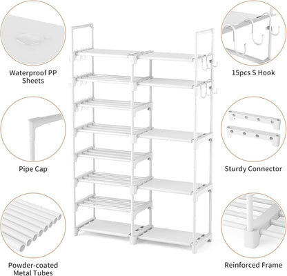 ROJASOP Shoe Rack Organizer, 8-Tier Metal Shoe Rack for Closet Entryway Garage, 26-32 Pairs Tall Shoe Boot Storage Shelf with 15 Hooks, Stackable Large Shoe Stand