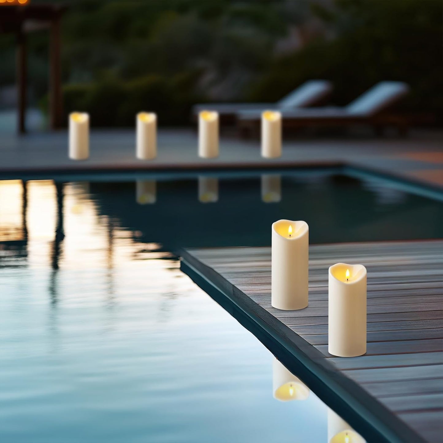 Amagic IP65 Waterproof Outdoor Flameless Candles with Remote, LED Candles Battery Operated with Timer, Flickering Fake Pillar Candle for Outside Patio Yard Decor, Ivory, Set of 5, D3 X H4 5" 6" 8" 8"