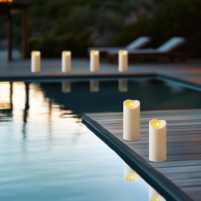 Amagic IP65 Waterproof Outdoor Flameless Candles with Remote, LED Candles Battery Operated with Timer, Flickering Fake Pillar Candle for Outside Patio Yard Decor, Ivory, Set of 5, D3 X H4 5" 6" 8" 8"