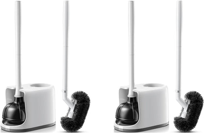 HAMITOR Toilet Plunger Bowl Brush Combo：Heavy Duty Rubber for Drain Clog Remover - Curved Design Bristles for Deep Cleaning Under Rim - Compact Bathroom Cleaning Tools for New Homet Essentials - White