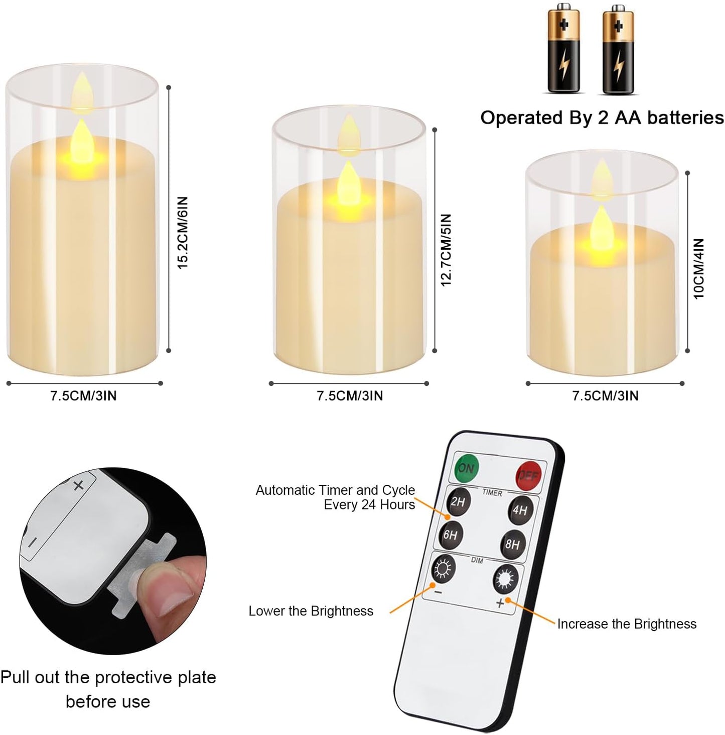 wemarry Flameless Candles 4" 5" 6" Acrylic Glass Pillars 3" Diameter Battery Operated Flickering Candles Include 8-Key Remote with Timer Function 400+ Hours (Amber, Warm Light 3 Pack)