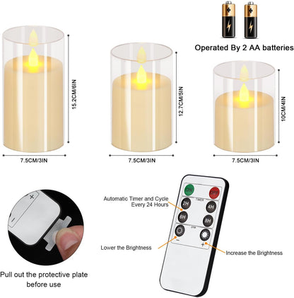 wemarry Flameless Candles 4" 5" 6" Acrylic Glass Pillars 3" Diameter Battery Operated Flickering Candles Include 8-Key Remote with Timer Function 400+ Hours (Amber, Warm Light 3 Pack)