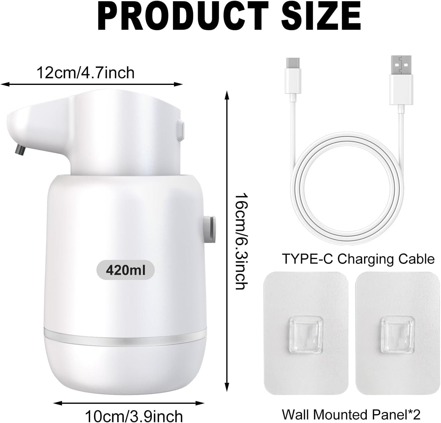 Automatic Foaming Soap Dispenser 15oz/420ml Foaming Hand Sanitizer Touchless Wall Mount with 4levels Adjustable Free Touch Electric Soap Dispenser Rechargeable with Sensor(White)