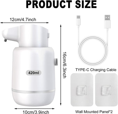 Automatic Foaming Soap Dispenser 15oz/420ml Foaming Hand Sanitizer Touchless Wall Mount with 4levels Adjustable Free Touch Electric Soap Dispenser Rechargeable with Sensor(White)