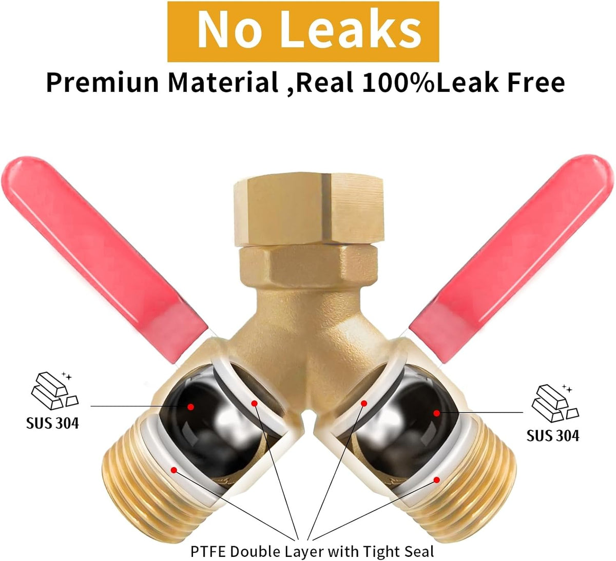 2 Way Garden Hose Splitter Heavy Duty Brass, Y Hose Splitter with Extra Long Handles for Easy Shut Off, Metal Water Spigot Adapter Fits Standard 3/4" GHT Faucet