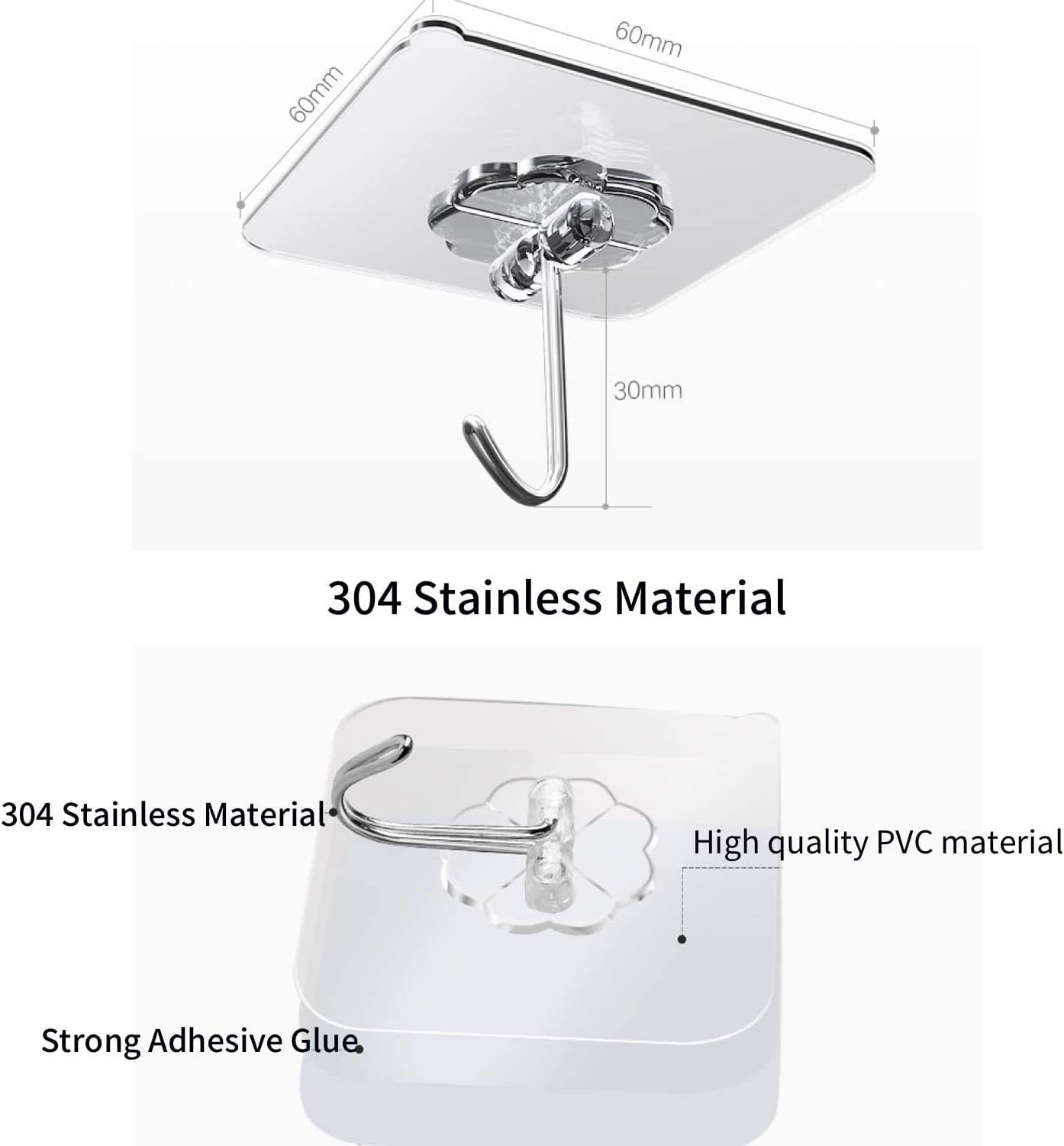 Adhesive Hooks Wall Hooks 44 lb/ 20 kg(Max), Heavy Duty Coat Hooks Waterproof and Oilproof Seamless Hooks, Reusable Hooks for Hanging Bathroom Kitchen