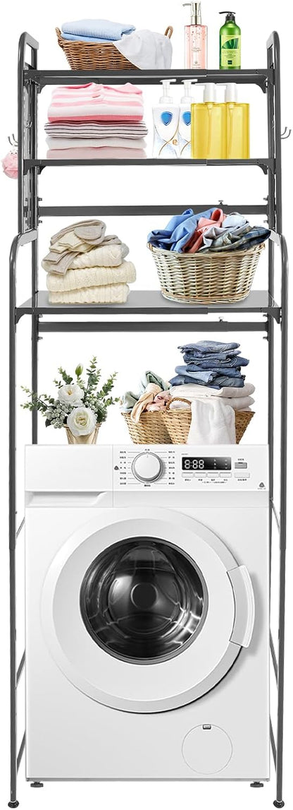 Over Washer and Dryer Shelves,3 Tiers Laundry Room Storage Organization Clothes Drying Rack,Adjustable Height Laundry Room Standing Shelf with Hanger Guard Rail&Hook,Space Saving Shelf (Gray)