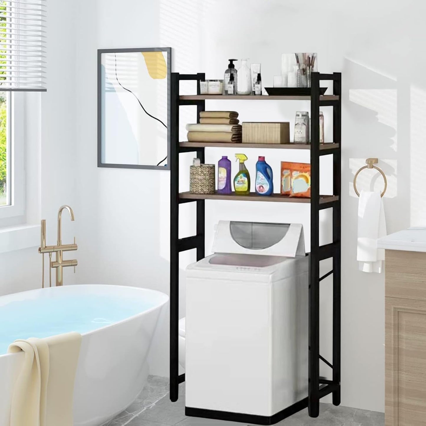 3-Tier Bathroom & Laundry Storage Shelf,Over Washer and Dryer Shelves,Large Capacity Metal Washing Machine Rack for Organization and Storage Space-Saving Bathroom Sundries