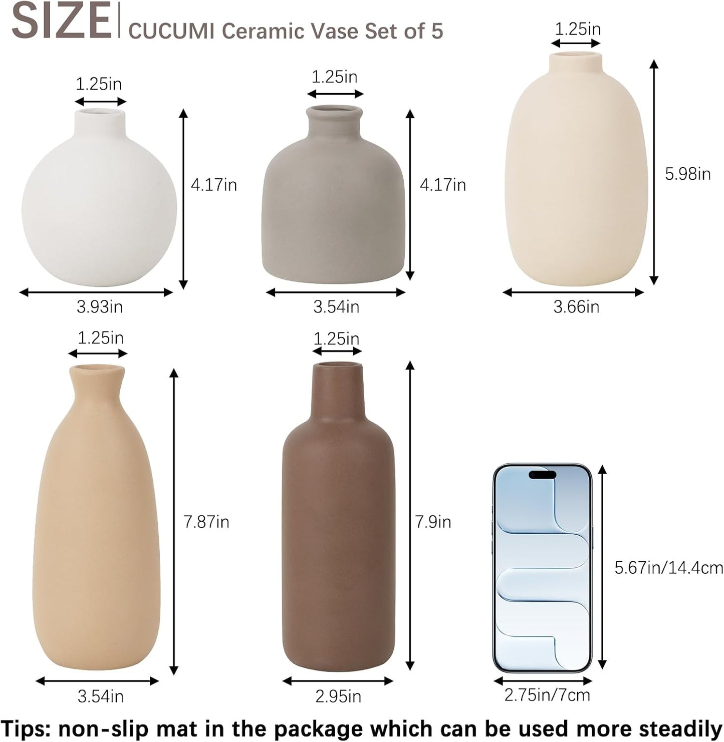 CUCUMI Ceramic Vase Set of 5, Home Decor Farmhouse Décor Handmade Pottery Vases for Pampas Grass, Dried Fresh Flowers, Table, Living Room, Kitchen, Shelf, Entryway Mantel Neutral Tones