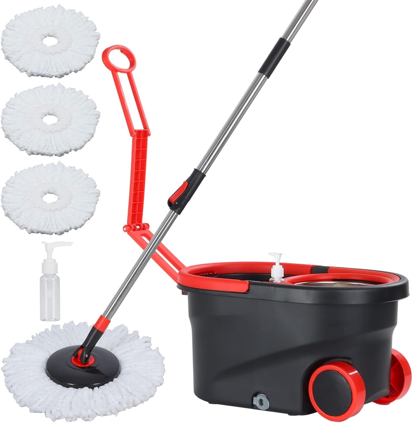 Mop and Bucket Set, 360° Spin Mop and Bucket with Wringer Set and 3 Microfiber Mop Refills, Stainless Steel 61" Extended Handle Spinning Mop Bucket System for Floor Cleaning