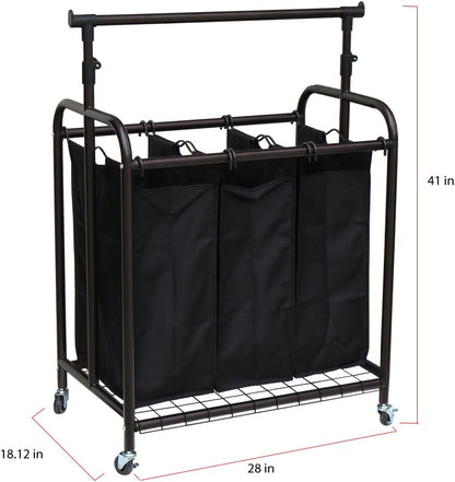 Oceanstar TLS1385 3-Bag Rolling Adjustable Hanging Bar Laundry Sorter, Bronze
