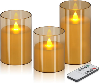 wemarry Flameless Candles 4" 5" 6" Acrylic Glass Pillars 3" Diameter Battery Operated Flickering Candles Include 8-Key Remote with Timer Function 400+ Hours (Amber, Warm Light 3 Pack)