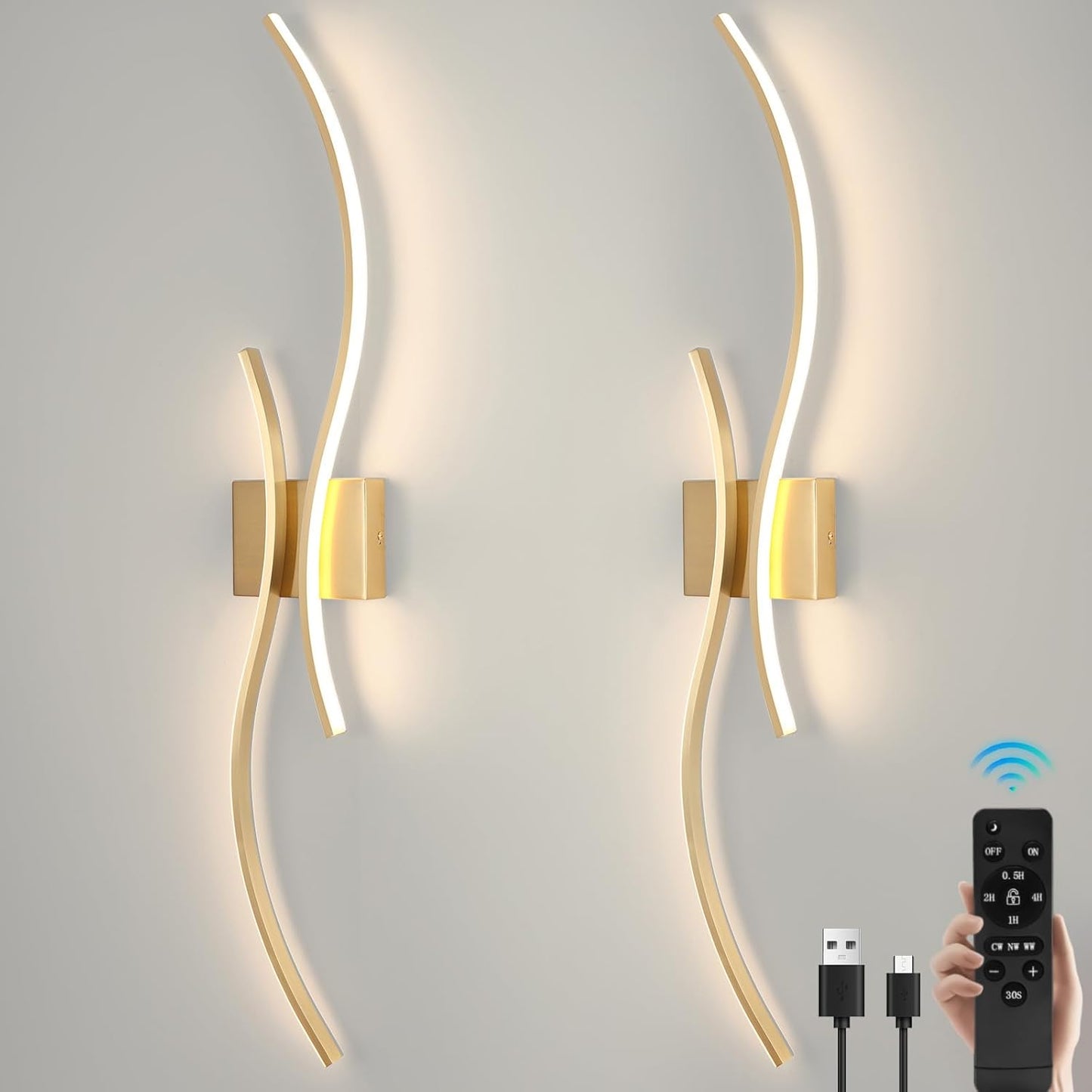 CANEOE Battery Operated Wall Sconce Set of 2, 18000mAh Gold Rechargeable Wall Lights with Remote Control,3000K-6000K Dimmable LED Wireless Wall Light for Living Room Bedroom Hallway,39.3 Inch (Gold)