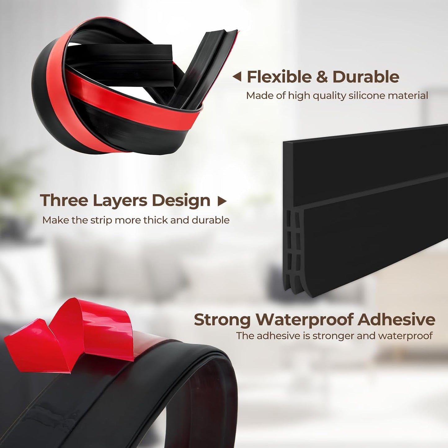 Door Draft Stopper, Ohuhu 39"L x 2"W Silicone Weather Stripping Under Door Seal for Exterior Interior Doors, 1" Widened Strong Adhesive, Soundproof Door Sweep Strip to Block Cold, Noise, Light Pests