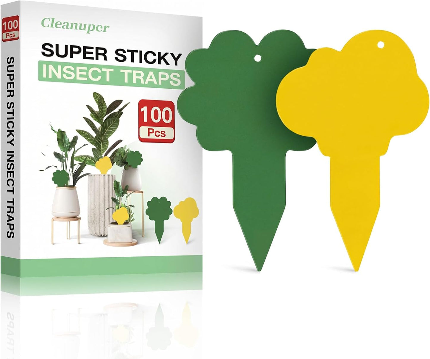 100 Pack Yellow & Green Sticky Gnat Traps for Plants - Fungus Gnat Killer, Fruit Fly Traps for Indoors, Gnat Sticky Traps for Plants, Family Friendly Design, Flower + Cloud Shapes