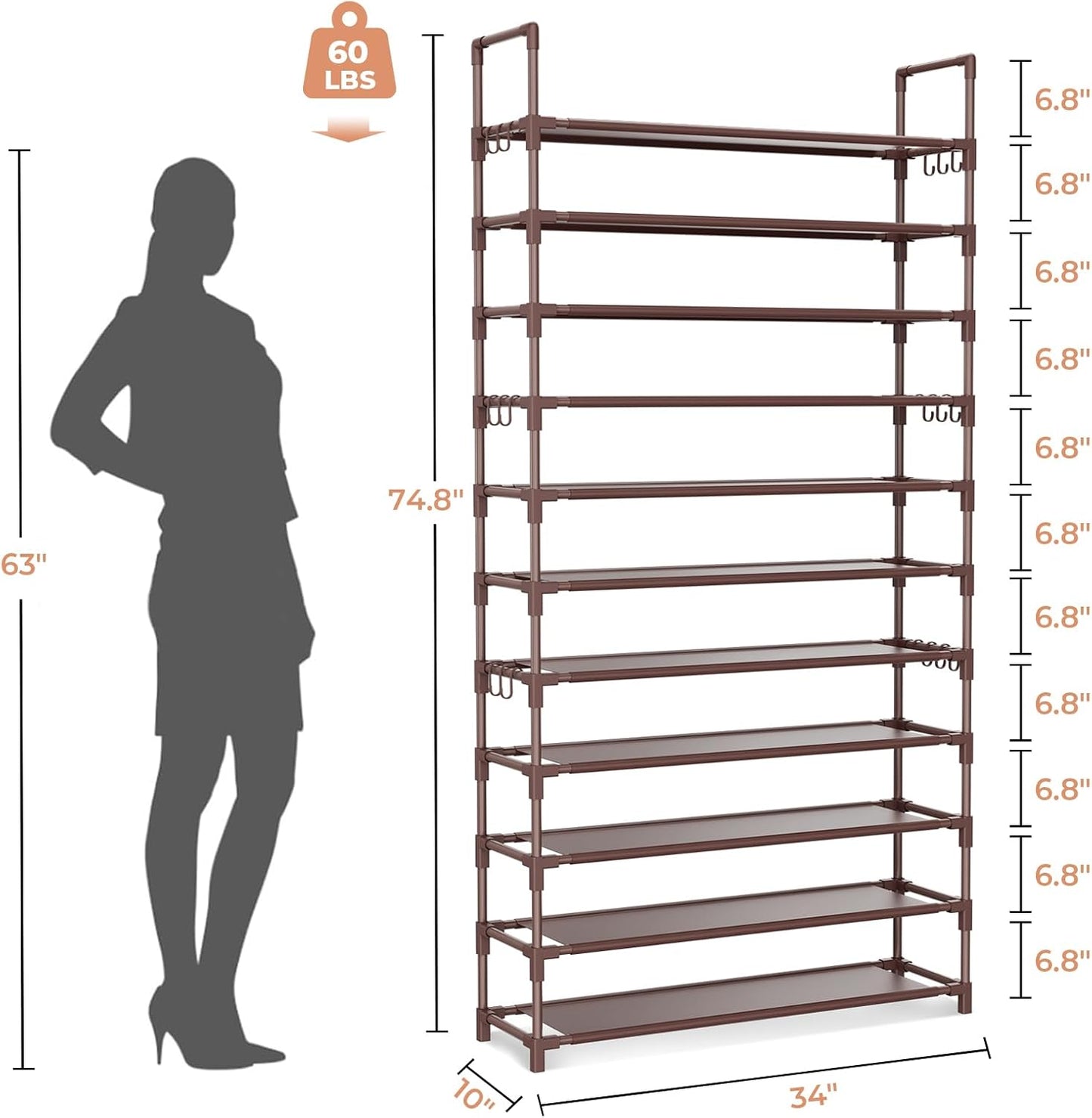 LANTEFUL 10 Tiers Shoe Rack 50 Pairs Large Capacity Tall Shoe Organizer Sturdy Shoe Storage with Two Hooks Space Saving Metal Wide Shoe Rack for Closet, Entryway, Bedroom, Black