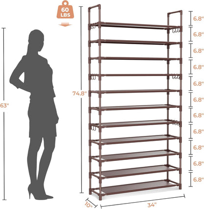 LANTEFUL 10 Tiers Shoe Rack 50 Pairs Large Capacity Tall Shoe Organizer Sturdy Shoe Storage with Two Hooks Space Saving Metal Wide Shoe Rack for Closet, Entryway, Bedroom, Black