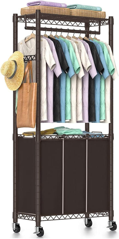 Hodonas Rolling Laundry Basket Organizer with Wheels and Hanging Bar, Laundry Hamper Cart Laundry Sorter 3 Section, Dirty Clothes Hampers for Laundry Bedroom Bathroom w/ 3 Removable Bags, Black