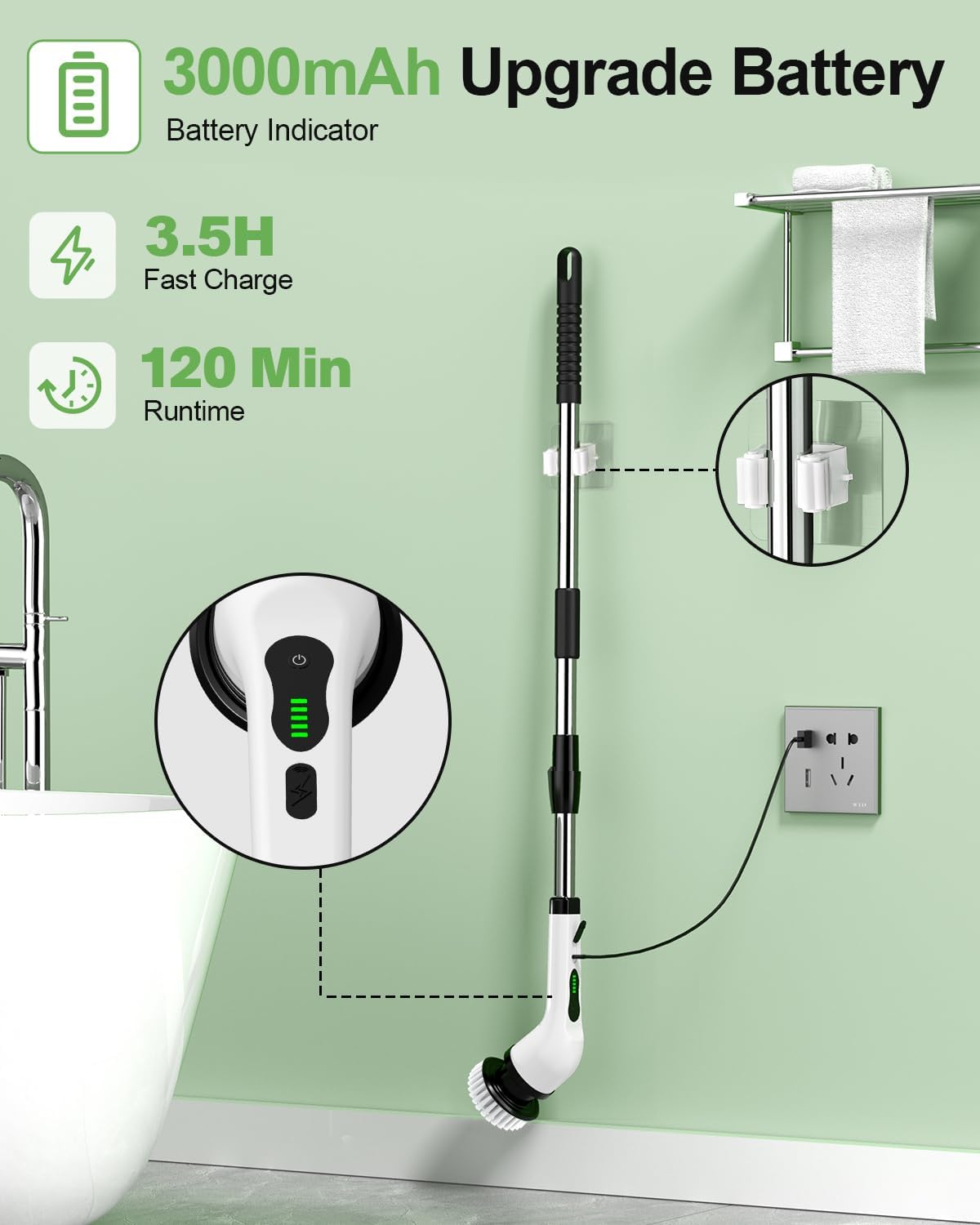 6-in-1 Cordless Electric Spin Scrubber with Long Handle | Power scrubber, bathroom scrubber, 47.2 in long handle, 2 speed scrub brush, IPX7 rated body, kitchen, tile, tub, floor