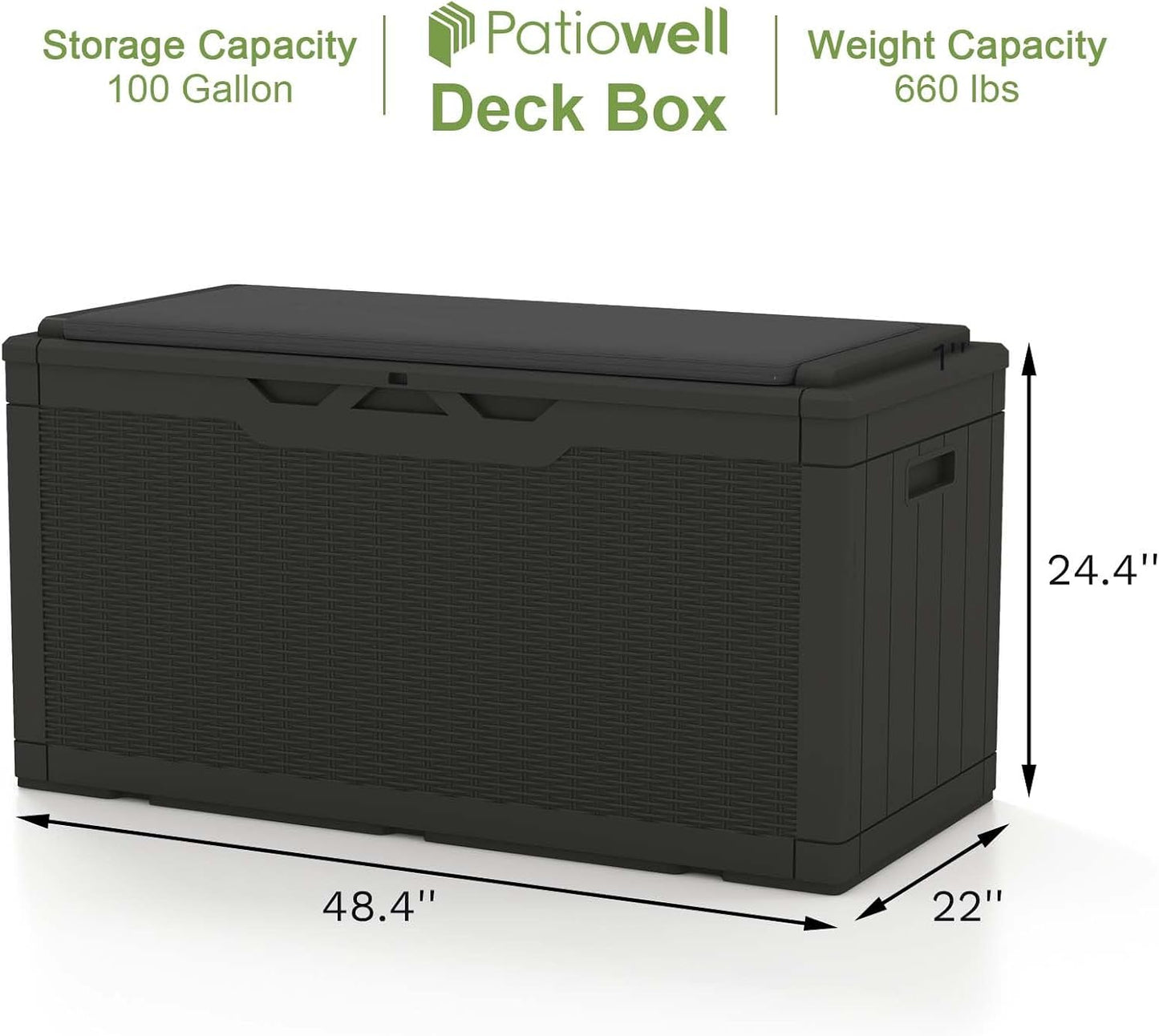Patiowell 100 Gallon Resin Deck Box, Waterproof Large Outdoor Storage Box for Patio Furniture and Garden Tools, Black