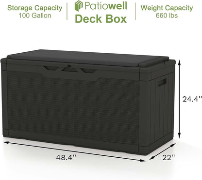 Patiowell 100 Gallon Resin Deck Box, Waterproof Large Outdoor Storage Box for Patio Furniture and Garden Tools, Black