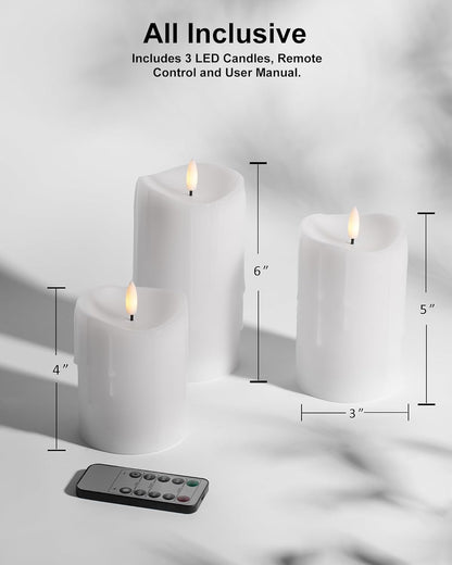 White Flameless Candles with Remote and Timer, Real Wax Made Wax Drip LED Pillar Candles Battery Operated with 3D Flickering Flame Melted Top - 3" x 4",5",6" - Set of 3