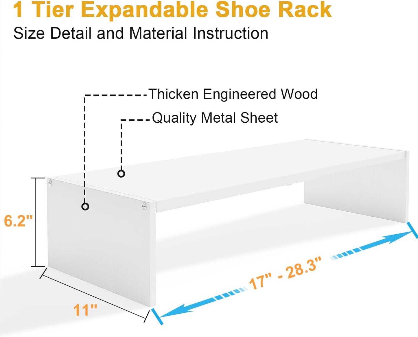 White Shoe Rack Organizer for Closet, 2-Tier Expandable Shoe Shelf, Stackable Iron Wood Combination Small Shoe Racks Shelves for Closets, Entryway,Small Space,Hallway,Bedroom,Bathroom,6-12 Pairs