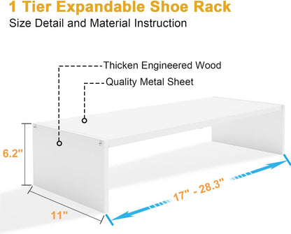 White Shoe Rack Organizer for Closet, 2-Tier Expandable Shoe Shelf, Stackable Iron Wood Combination Small Shoe Racks Shelves for Closets, Entryway,Small Space,Hallway,Bedroom,Bathroom,6-12 Pairs