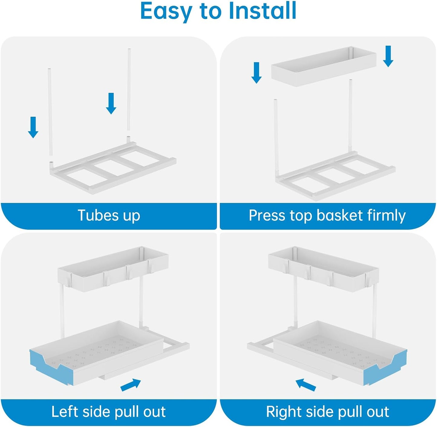 NATURE'S SOURCE 2 Pack Under Sink Organizer 2 Tier Sliding Cabinet Organizers Multi-Purpose Sink Storage Basket L-Shape Narrow Space Storage Shelves with 4 Hook for Kitchen Bathroom Drawer, Black