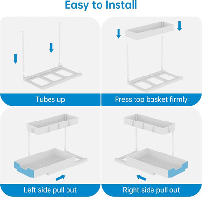 NATURE'S SOURCE 2 Pack Under Sink Organizer 2 Tier Sliding Cabinet Organizers Multi-Purpose Sink Storage Basket L-Shape Narrow Space Storage Shelves with 4 Hook for Kitchen Bathroom Drawer, Black