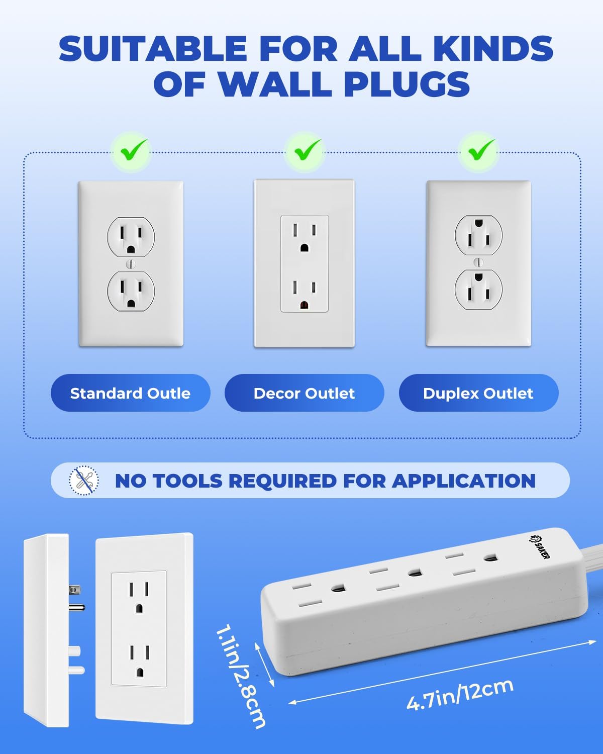 Saker Outlet Concealer Power Strip | 5ft Flat Plug Extension Cord with 3 Outlets,1625W | Universal Size Outlet Cover Baby Proofing | Cover Extension Cord for Kitchen, Home and Office