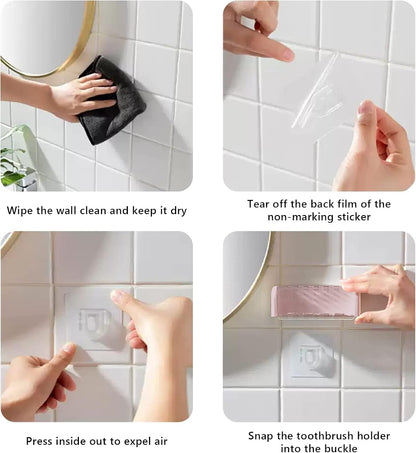 5 Slots Toothbrush Holder Wall Mount with Cover, Self Adhesive Toothbrushes Storage Organizer Perfect for Dorm Bathrooms and Shower, Holds 5 Toothbrushes. (White)
