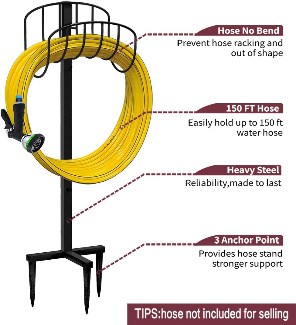Artigarden Freestanding Garden Hose Holder Hanger, Outdoor Heavy Duty Metal Water Hose Storage Holders Stand Organizer Rack Detachable Stake, Holds 150 Ft of Hoses for Outside Lawn Yard, Black