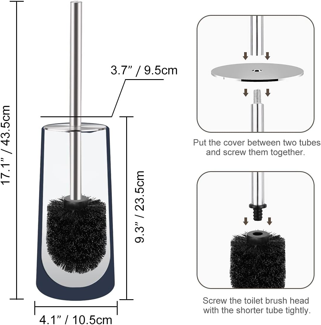 Toilet Brush and Holder, 2 Pack Toilet Brush with 304 Stainless Steel Long Handle, Toilet Bowl Brush for Bathroom Toilet-Ergonomic, Elegant,Durable (White)