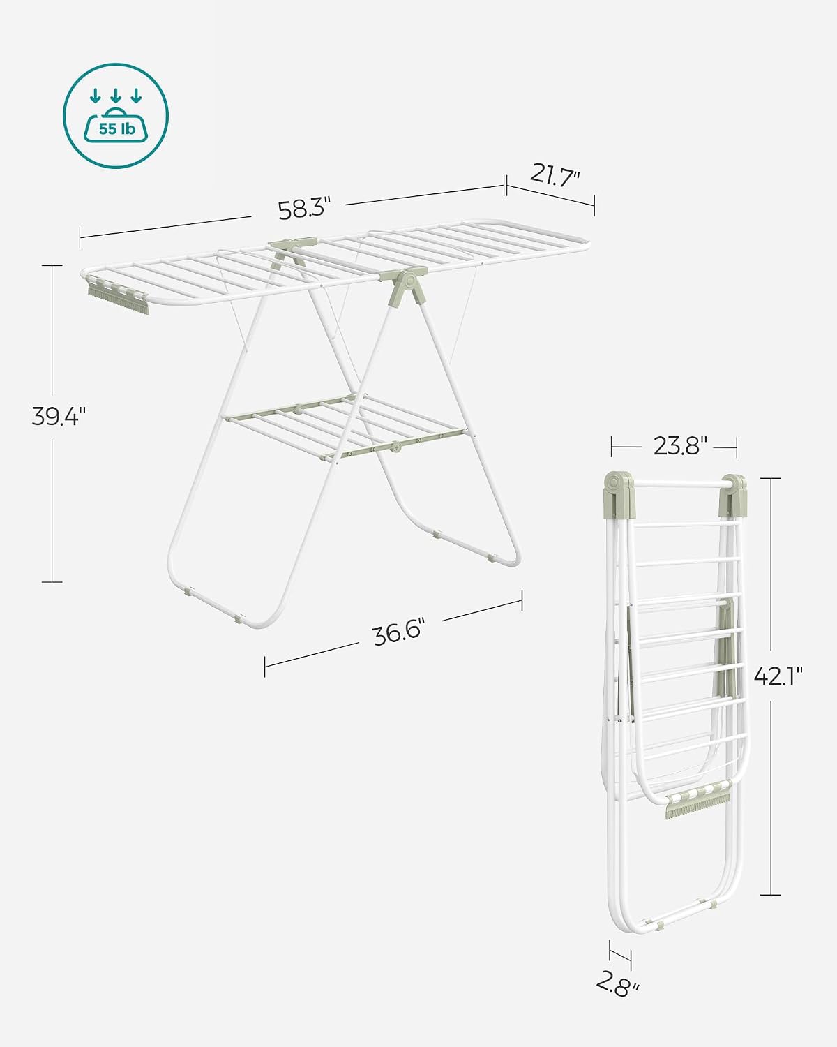 SONGMICS Clothes Drying Rack, with Sock Clips, Metal Laundry Rack, Foldable, Space-Saving, Free-Standing Airer, with 2 Height-Adjustable Gullwings, Indoor Outdoor Use, Gray ULLR052G01