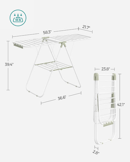 SONGMICS Clothes Drying Rack, with Sock Clips, Metal Laundry Rack, Foldable, Space-Saving, Free-Standing Airer, with 2 Height-Adjustable Gullwings, Indoor Outdoor Use, Gray ULLR052G01